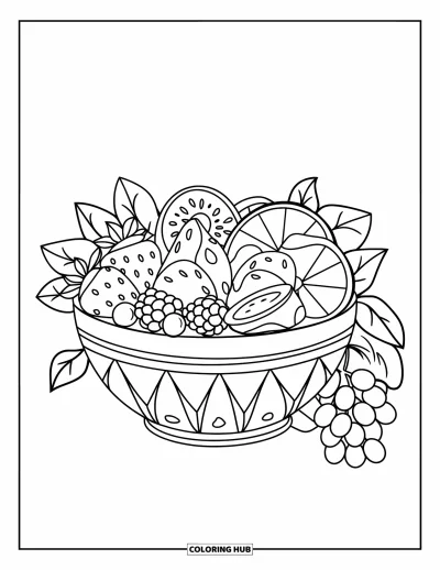 Sommeressen-Ausmalbild für Kinder: Eine Obstsalat-Schüssel mit Kiwi, Beeren und Orangenscheiben