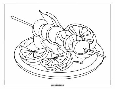 Sommeressen-Ausmalbild für Kinder: Ein fröhlicher Garnelen-Spieß mit Zitronenscheiben und verspielten Details