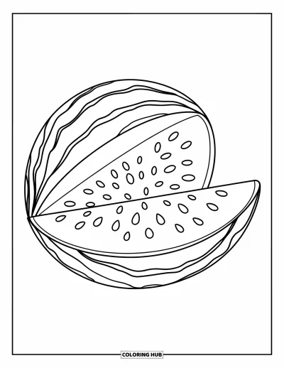 Sommeressen-Ausmalbild für Kinder: Eine halbierte Wassermelone mit kräftiger Schale und saftigem Inneren