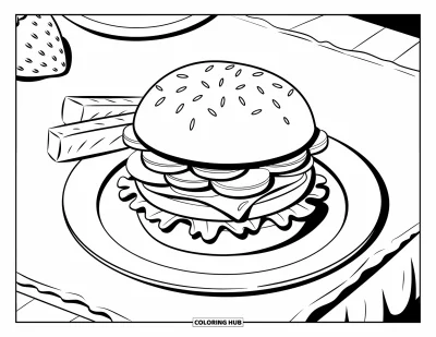 Sommeressen-Ausmalbild für Kinder: Ein Hamburger mit Salat, Patty und Brötchen auf einem weißen Teller