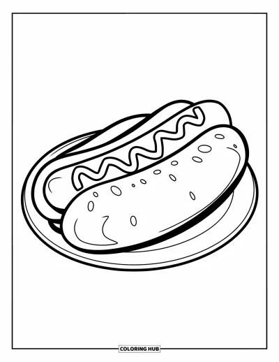 Sommeressen-Ausmalbild für Kinder: Ein Hot Dog mit Senfstreifen und kräftigen, klaren Konturen