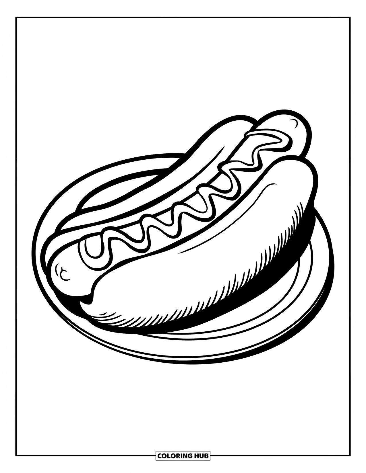 Summer Food Coloring Page for Kids: A hot dog with mustard on a bun placed on a white plate