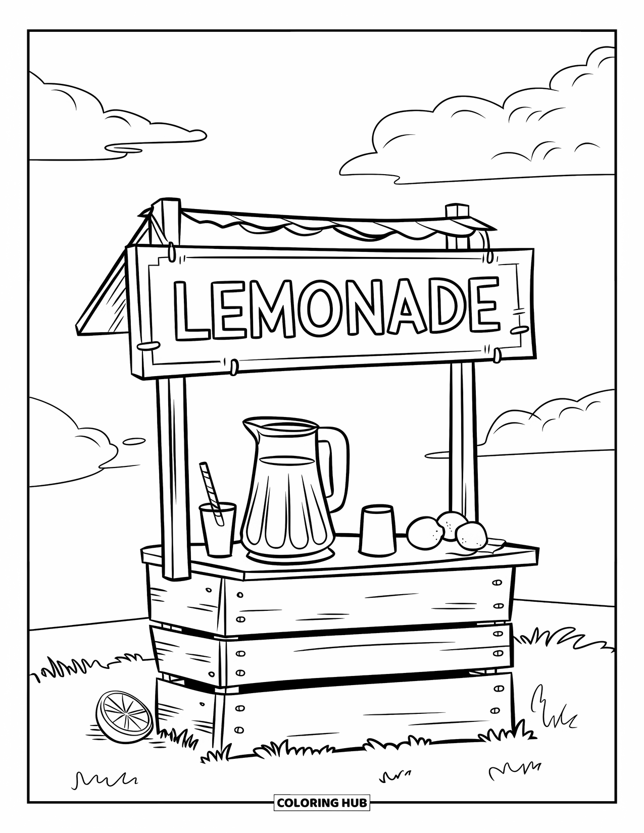 Summer Food Coloring Page for Kids: A lemonade stand with a sign, pitcher, and sunny setup