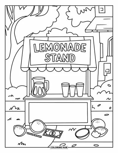 Sommeressen-Ausmalbild für Kinder: Ein Limonaden-Stand mit Bechern, Zitronen und Bäumen im Hintergrund