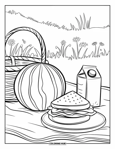 Sommeressen-Ausmalbild für Kinder: Eine Picknick-Szene mit Wassermelone, Sandwich und Blumen auf einer Wiese