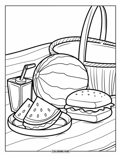 Sommeressen-Ausmalbild für Kinder: Ein Picknick mit Wassermelone, Sandwich und Saftbox neben einem Korb