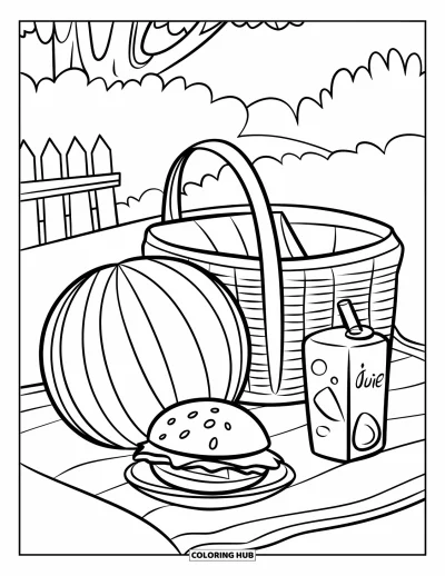 Sommeressen-Ausmalbild für Kinder: Ein Picknick mit Wassermelone, Sandwich und Saft unter einem schattigen Baum