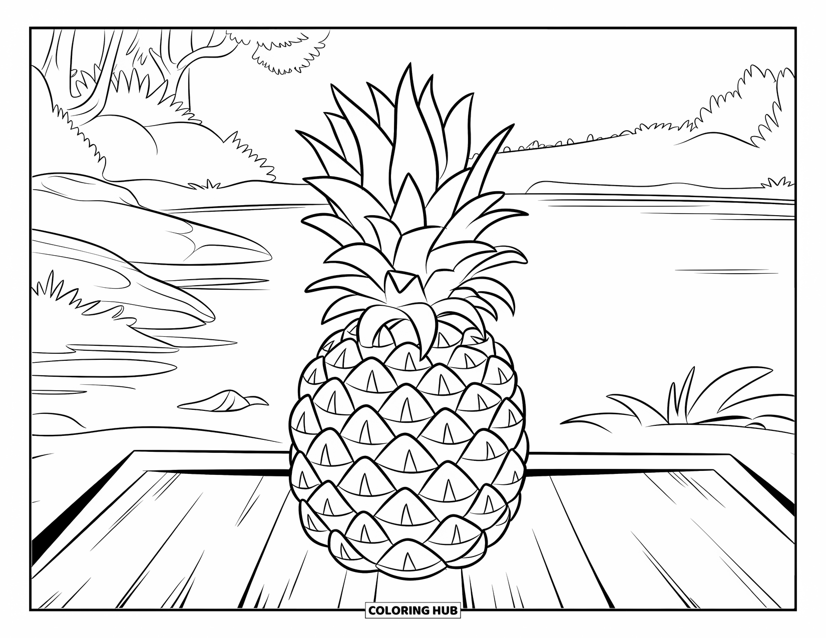 Summer Food Coloring Page for Kids: A pineapple resting on wood with a calm lake in the background