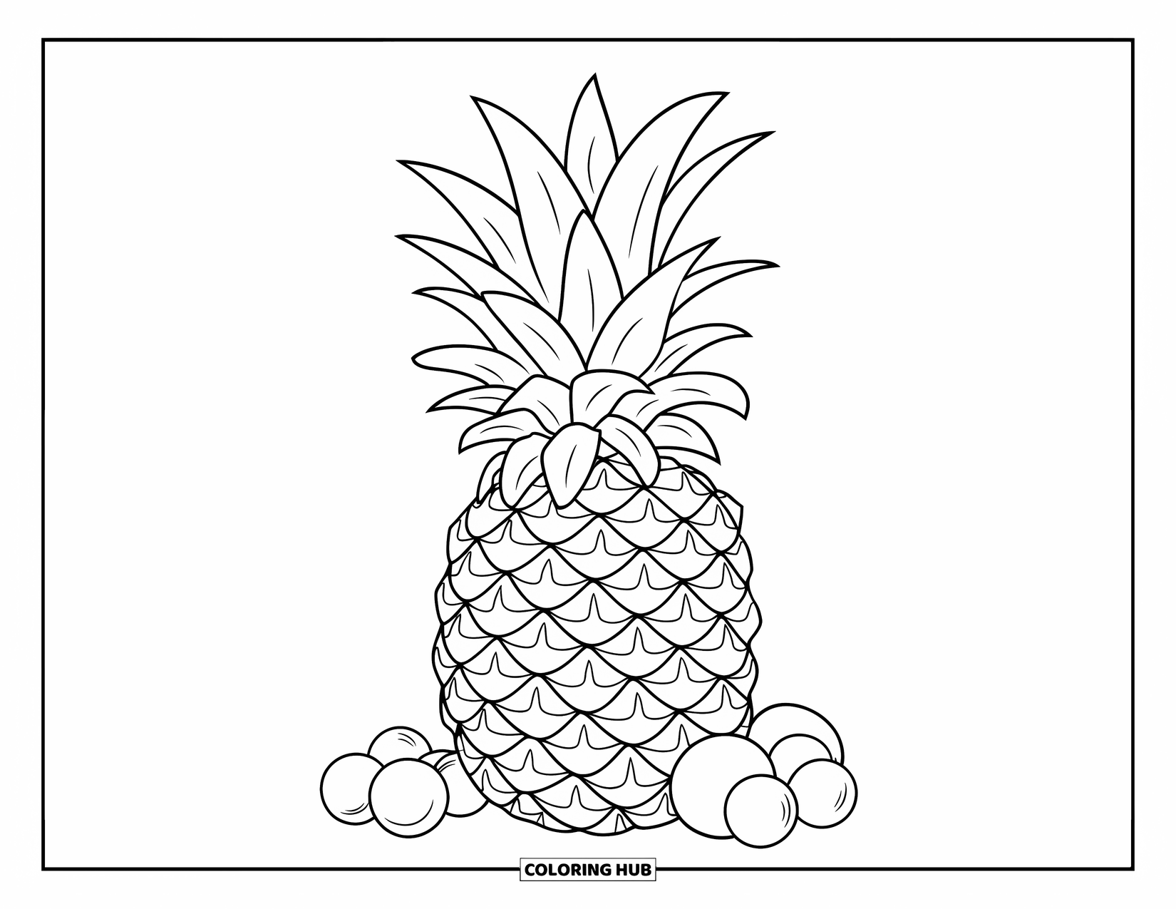 Summer Food Coloring Page for Kids: A pineapple surrounded by round fruits on a white background