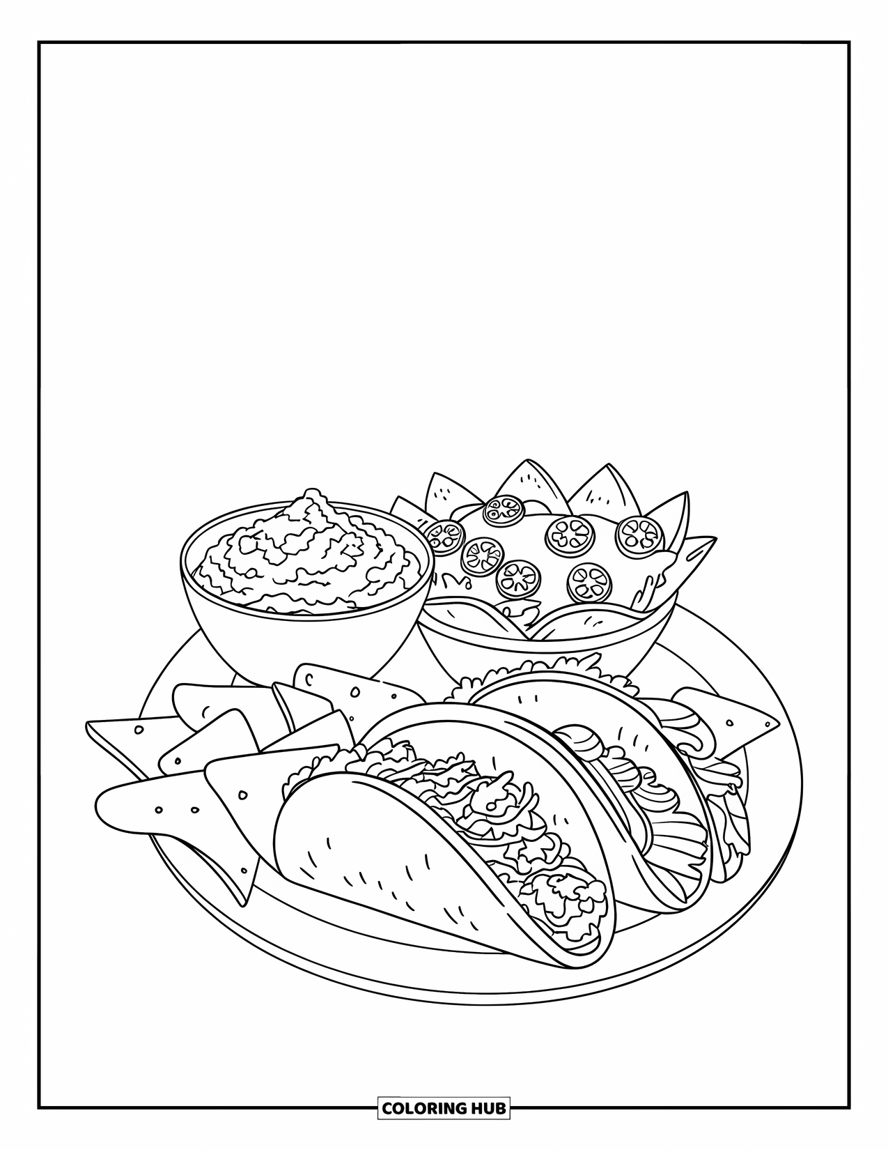 Summer Food Coloring Page for Kids: A plate of tacos and nachos topped with cheese, salsa, and guac