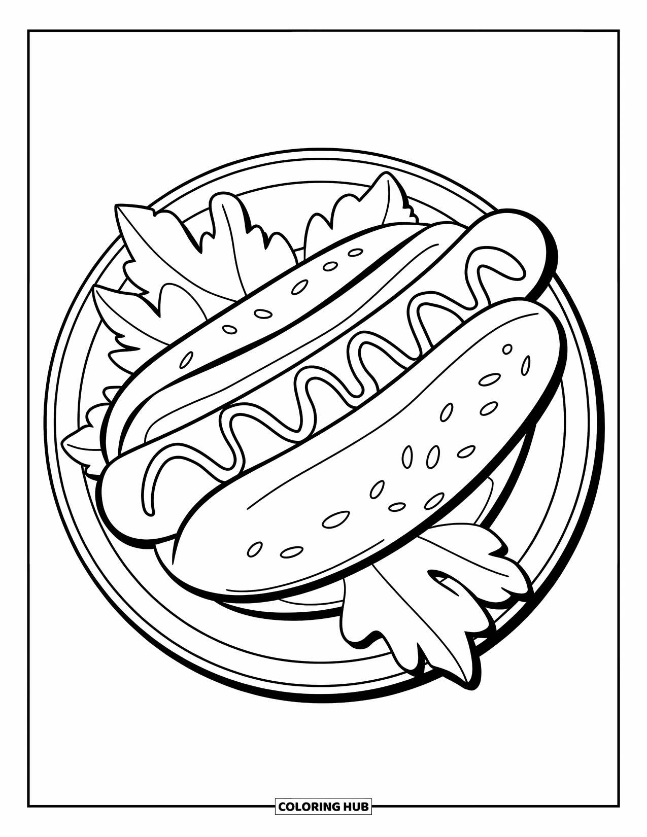 Summer Food Coloring Page for Kids: A simple hot dog with mustard on a plate and green leaves