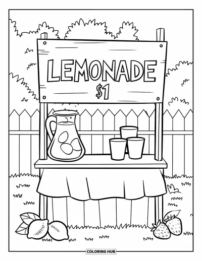 Sommeressen-Ausmalbild für Kinder: Ein kleiner Limonaden-Stand mit einer Kanne, Zitronen und einem Zaun