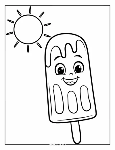 Sommeressen-Ausmalbild für Kinder: Ein lächelndes Eis am Stiel tropft unter der strahlenden Sommersonne