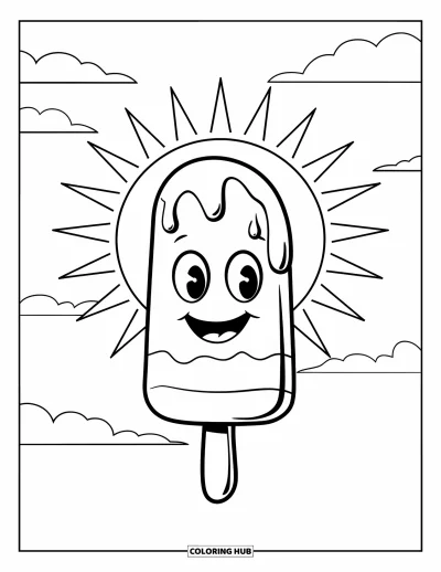 Sommeressen-Ausmalbild für Kinder: Ein lächelndes Eis am Stiel unter der Sonne mit Wolken und Strahlen