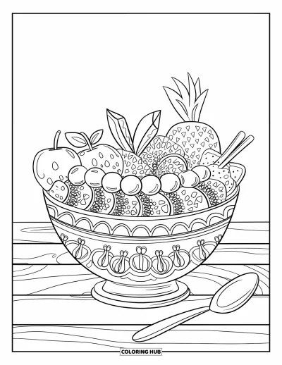Sommeressen-Ausmalbild für Kinder: Eine Smoothie-Bowl belegt mit Früchten und Samen in Reihen