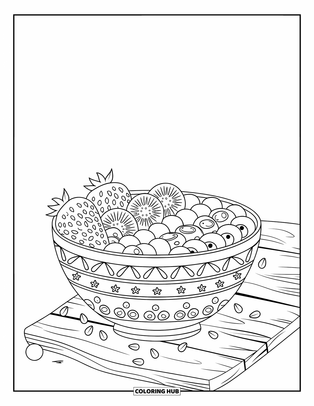 Summer Food Coloring Page for Kids: A smoothie bowl with berries, kiwi, and sprinkled seeds