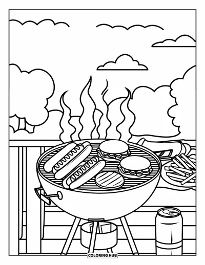 Sommeressen-Ausmalbild für Kinder: Ein Sommer-Grillfest mit Burgern, Pommes und Limo neben dem Grill
