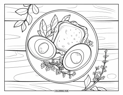 Sommeressen-Ausmalbild für Kinder: Ein Sommer-Brunch-Teller mit Toast, Ei, Avocado und frischen Kräutern