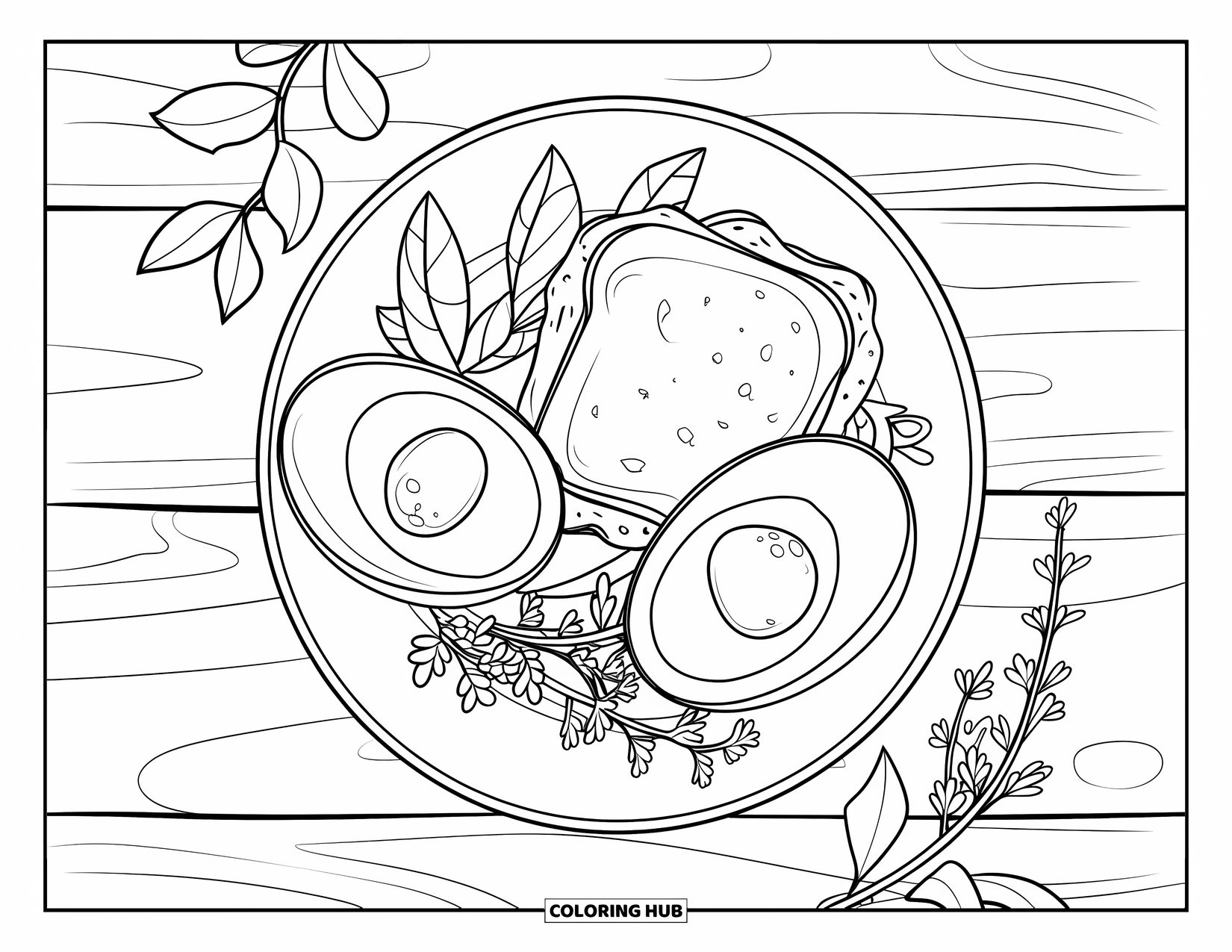 Summer Food Coloring Page for Kids: A summer brunch plate with toast, egg, avocado, and fresh herbs