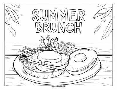 Sommeressen-Ausmalbild für Kinder: Ein "Summer Brunch"-Teller mit Toast, Ei, Avocado und frischen Kräutern