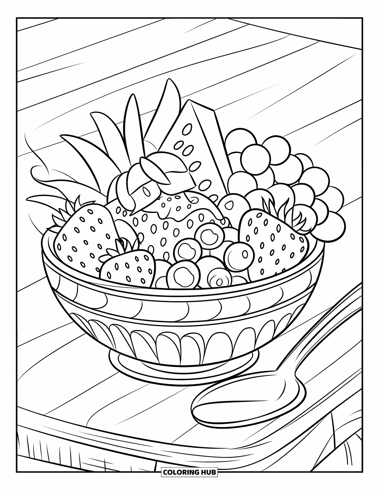 Summer Food Coloring Page for Kids: A summer fruit bowl with watermelon, berries, and grapes