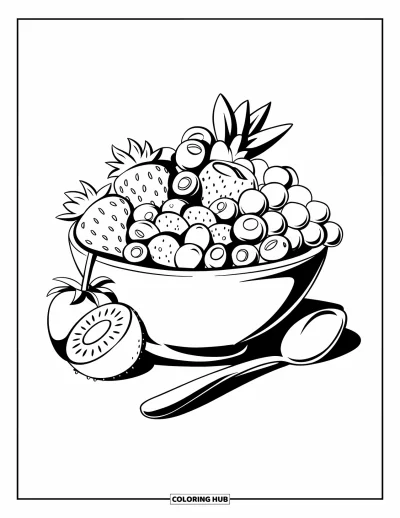 Sommeressen-Ausmalbild für Kinder: Eine Sommer-Obstsalat-Schüssel mit Trauben, Kiwi und Beeren