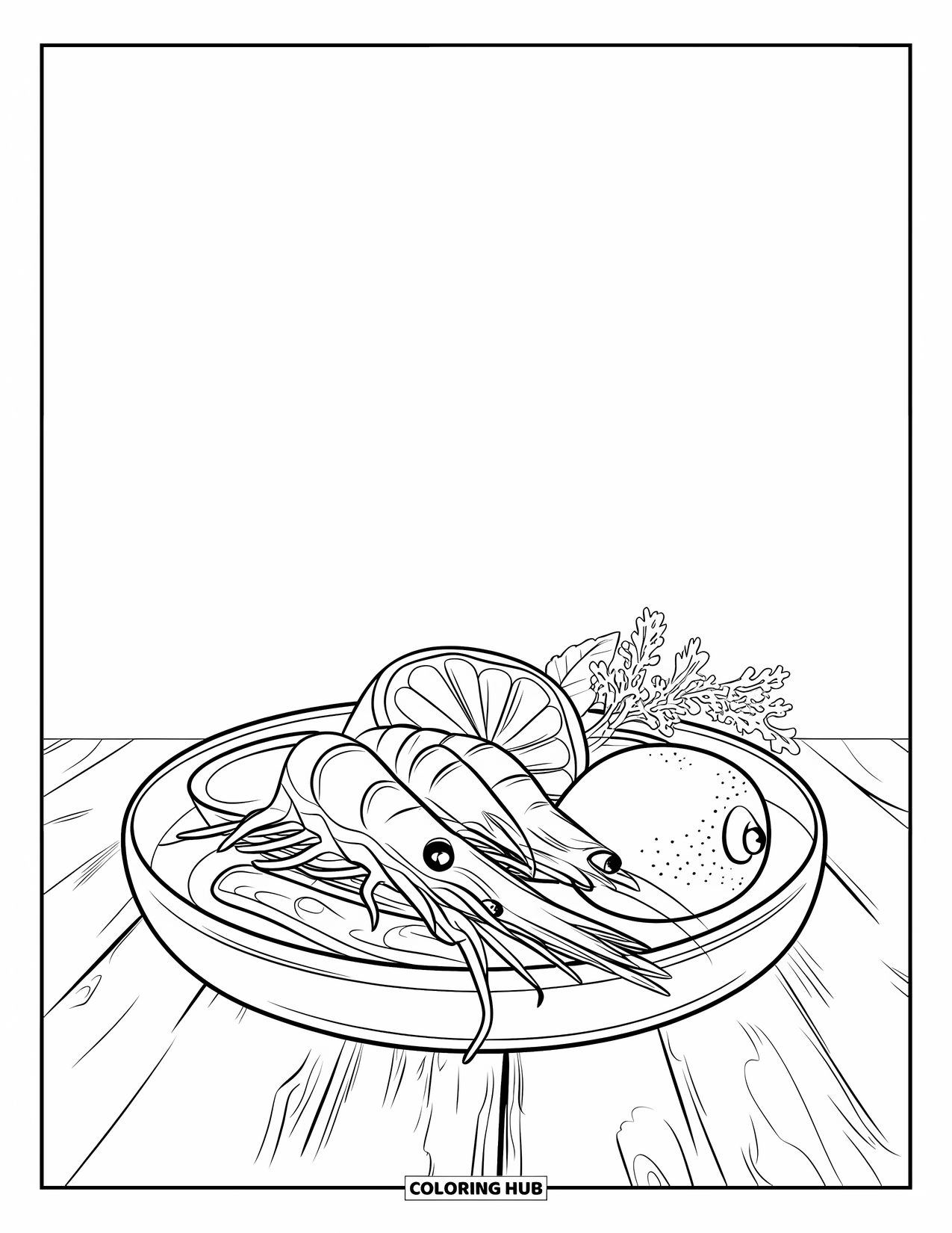 Summer Food Coloring Page for Kids: A summer seafood dish with shrimp, lemon, and herbs