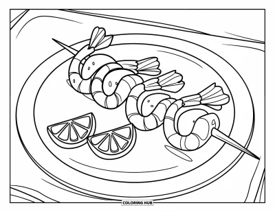Sommeressen-Ausmalbild für Kinder: Ein Sommer-Garnelen-Spieß mit Zitronenscheiben auf einem sauberen Teller
