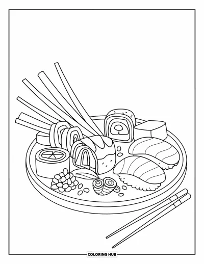 Sommeressen-Ausmalbild für Kinder: Ein Sushi-Teller mit Rollen, Nigiri und Garnitur neben Essstäbchen