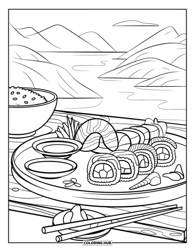 Sommeressen-Ausmalbild für Kinder: Ein Sushi-Set mit Rollen, Sojasoße und Essstäbchen am Wasser