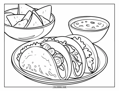 Sommeressen-Ausmalbild für Kinder: Ein Taco-Teller mit Chips und Salsa bereit für sommerliche Snacks