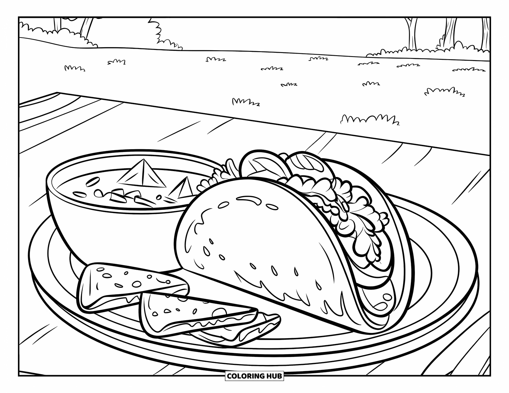 Summer Food Coloring Page for Kids: A taco with toppings, salsa, and chips in a sunny field