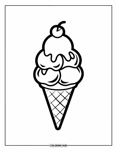 Sommeressen-Ausmalbild für Kinder: Eine hohe Eiswaffel mit drei Kugeln und kräftigen Konturen