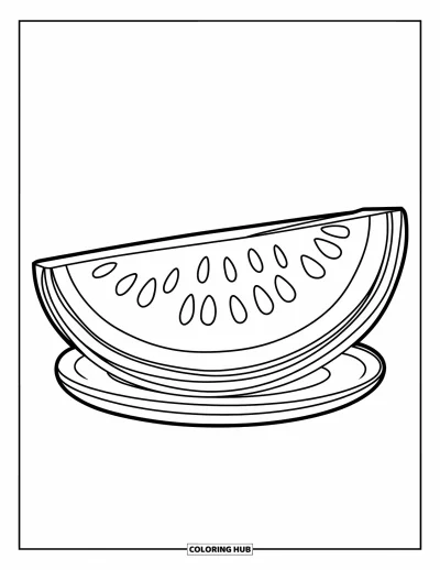 Sommeressen-Ausmalbild für Kinder: Eine Wassermelonenscheibe mit großen Kernen auf einem weißen Teller