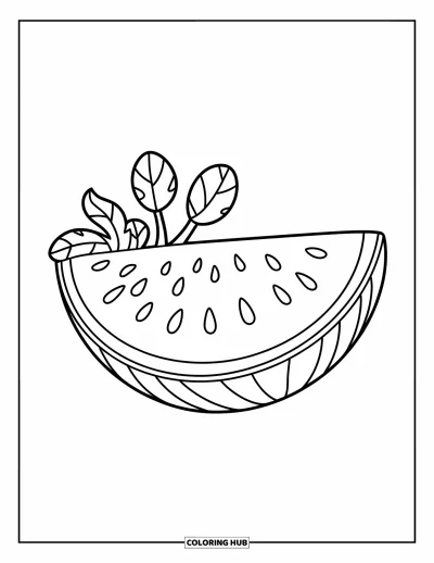 Sommeressen-Ausmalbild für Kinder: Eine Wassermelonenscheibe mit dicker Schale und großen Kernen