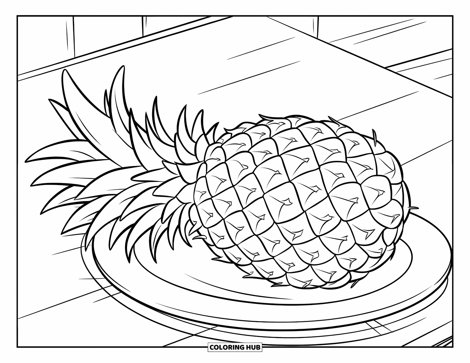 Summer Food Coloring Page for Kids: A whole pineapple with sharp leaves sitting on a platter