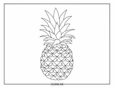 Sommeressen-Ausmalbild für Kinder: Eine ganze Ananas mit hohen Blättern und strukturierter Oberfläche