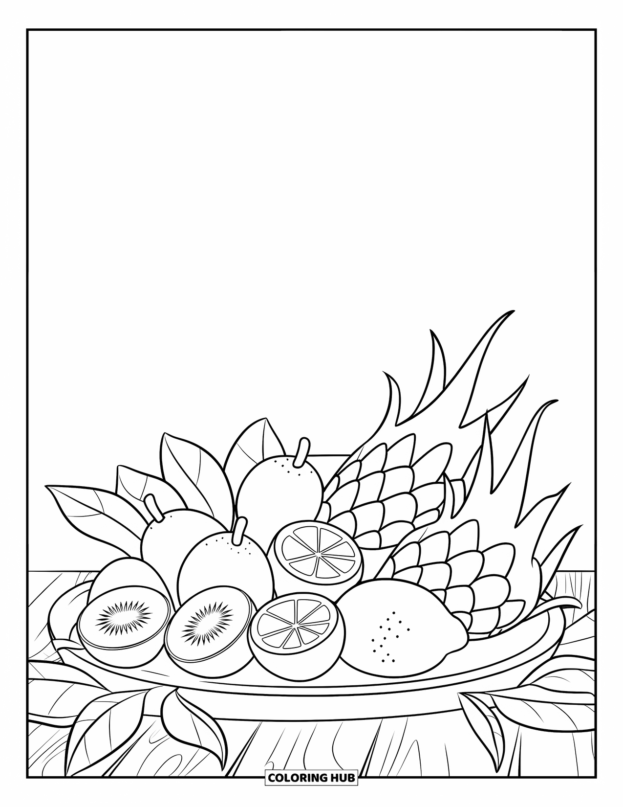 Summer Food Coloring Page for Kids: A wooden fruit platter with kiwi, citrus, and dragon fruit