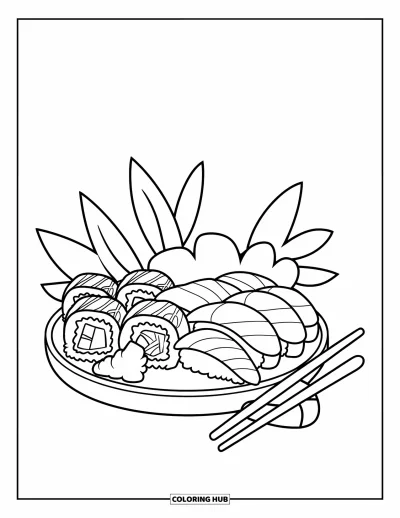 Sommeressen-Ausmalbild für Kinder: Ein gemischter Sushi-Teller mit Dragon-Rolls, Nigiri und Wasabi