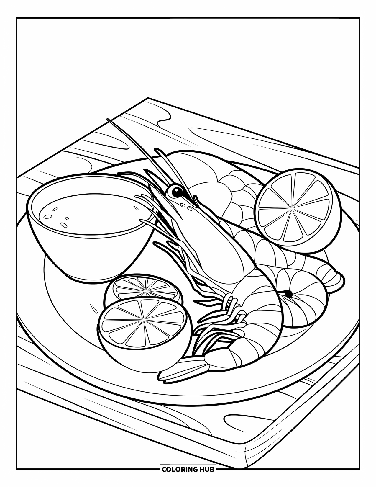 Summer Food Coloring Page for Kids: Grilled shrimp and lemon served with a small bowl of sauce