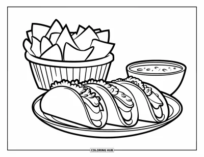 Sommeressen-Ausmalbild für Kinder: Drei Tacos mit Käse und Salsa neben einer Schüssel Tortilla-Chips