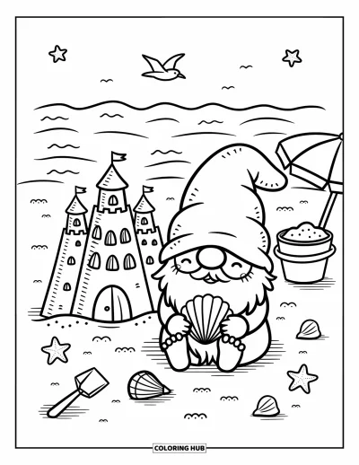 Desenho de gnomo de verão para colorir para adultos: Um gnomo de praia senta ao lado de um castelo de areia com conchas, balde e ondas suaves