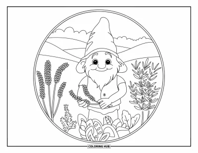 Desenho de gnomo de verão para colorir para adultos: Um gnomo colhe lavanda em um jardim mandala com manjericão e alecrim