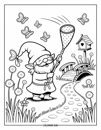 Desenho de gnomo de verão para colorir para adultos: Um gnomo animado passa a rede pela grama alta enquanto borboletas voam por perto