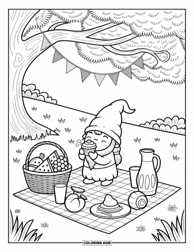 Desenho de gnomo de verão para colorir para adultos: Um gnomo come cupcake em uma manta cheia de frutas, bebidas e clima de verão