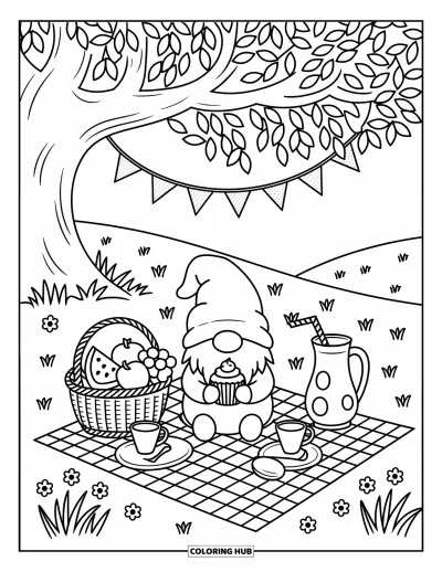 Desenho de gnomo de verão para colorir para adultos: Um gnomo faz piquenique sob bandeirinhas e uma árvore grande com guloseimas por perto