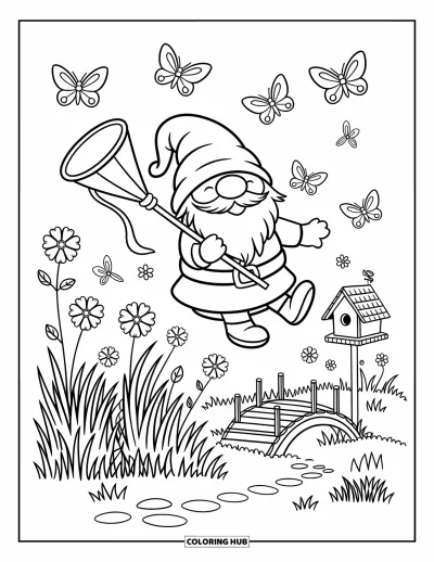 Desenho de gnomo de verão para colorir para adultos: Um gnomo em um prado tenta capturar borboletas enquanto flores florescem ao redor