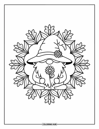 Desenho de gnomo de verão para colorir para adultos: Um gnomo de chapéu de palha segura uma margarida em um círculo floral de verão