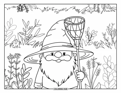 Desenho de gnomo de verão para colorir para adultos: Um gnomo de chapéu de palha segura uma rede entre ervas e vegetação serpenteante
