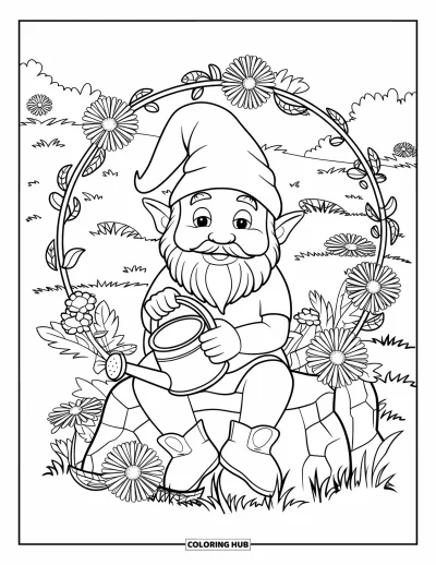 Desenho de gnomo de verão para colorir para adultos: Um gnomo em uma pedra segura um regador entre flores e vinhas ondulantes